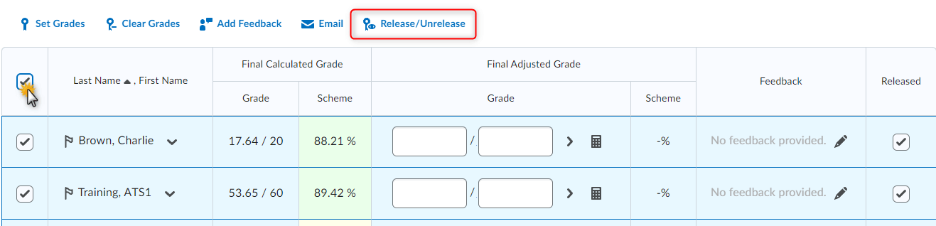 Image of the Final Adjusted Grade Item page with the context menu expanded, the release all option highlighted.