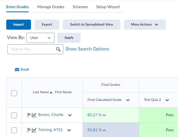 Image of the Enter Grades screen of the gradebook