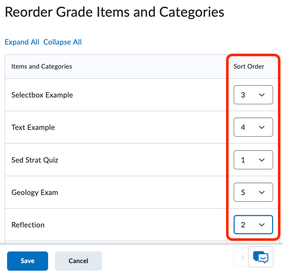 The reorder grades screen