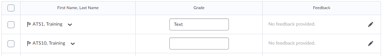 image of a text grade item open for grading with the grade column and feedback icons highlighted.