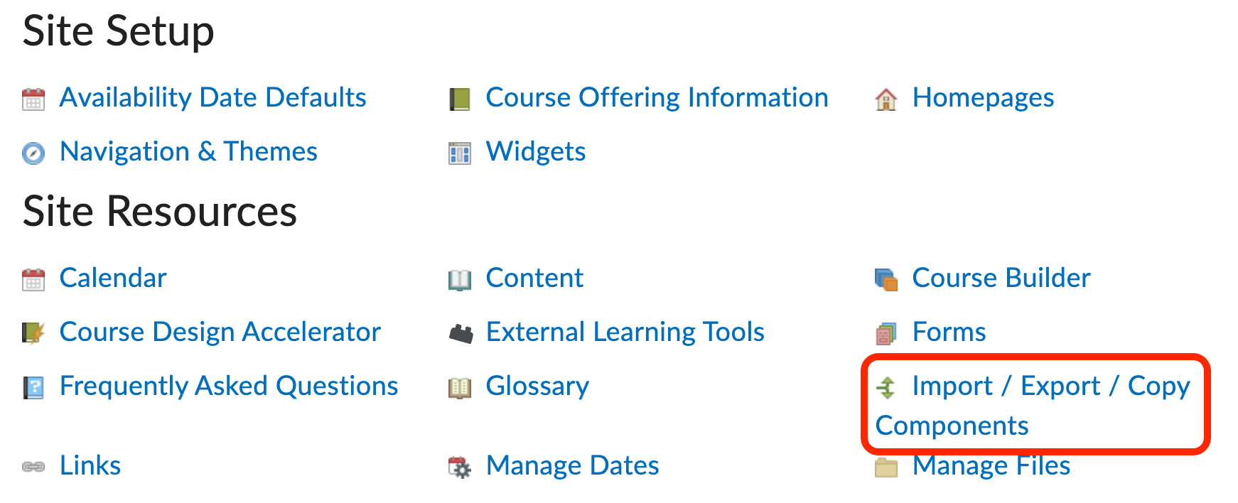 Image of the course administration menu with import/export/copy components selected.