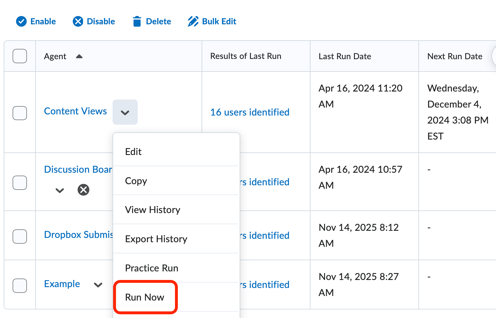 The Intelligent Agent context menu (run now, edit agent delete) with Run now selected.