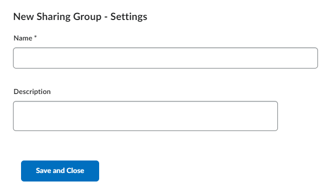 Image of the New Sharing Group page with the Name, Description and Show Advanced Sharing Options fields displayed. 