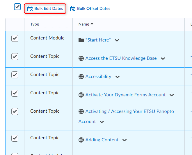 Image of multiple items selected from the editing table and the edit dates button