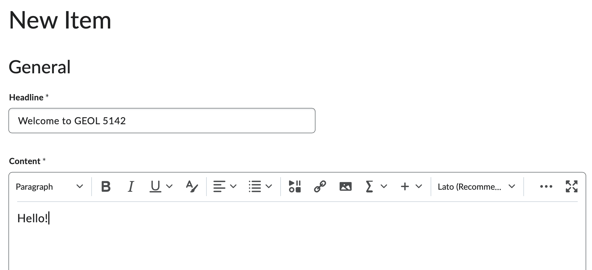 Headline and content fields of a new news item