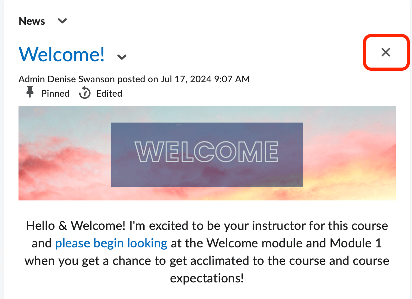 A news item with the dismiss (x) highlighted