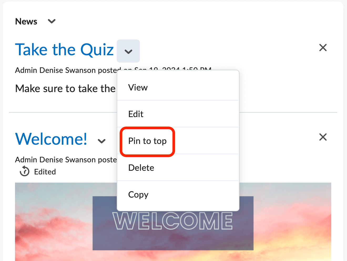 The expanded news widget context menu with pin to top selected