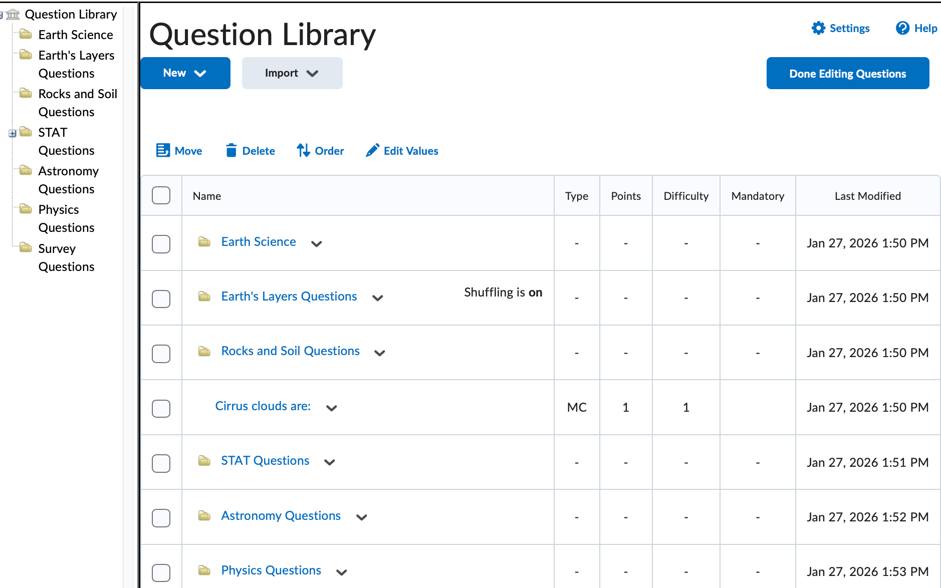 An example of a filled question library 