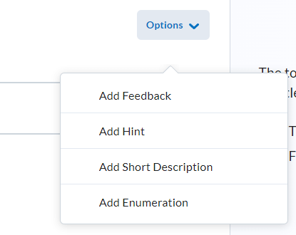 image of additional question options (add feedback, add hint, add short description, and add enumeration)