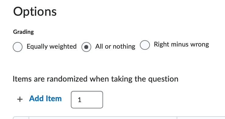 The grading options for an ordering question