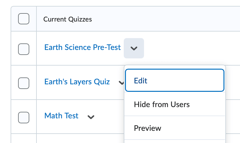 A pre-existing quiz with its context menu expanded and the edit option selected