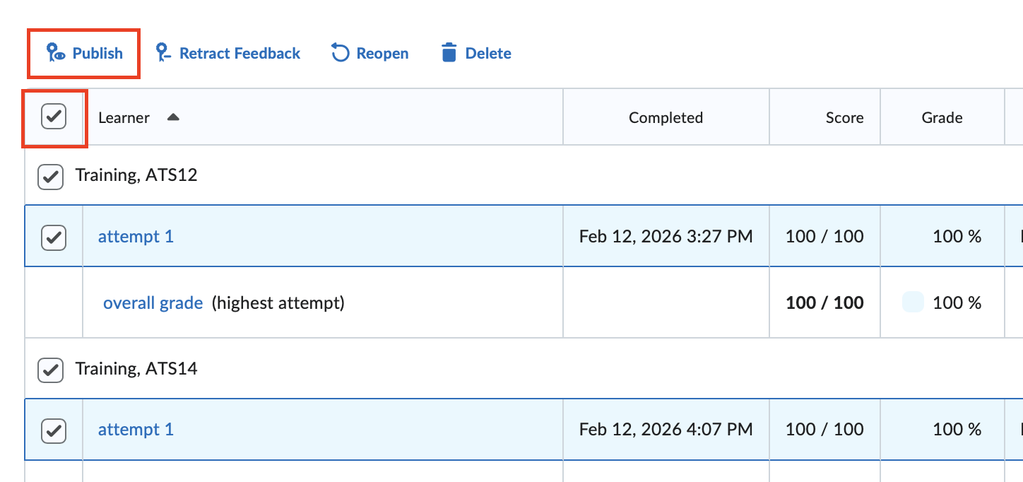 The grade quiz screen with the publish icon selected