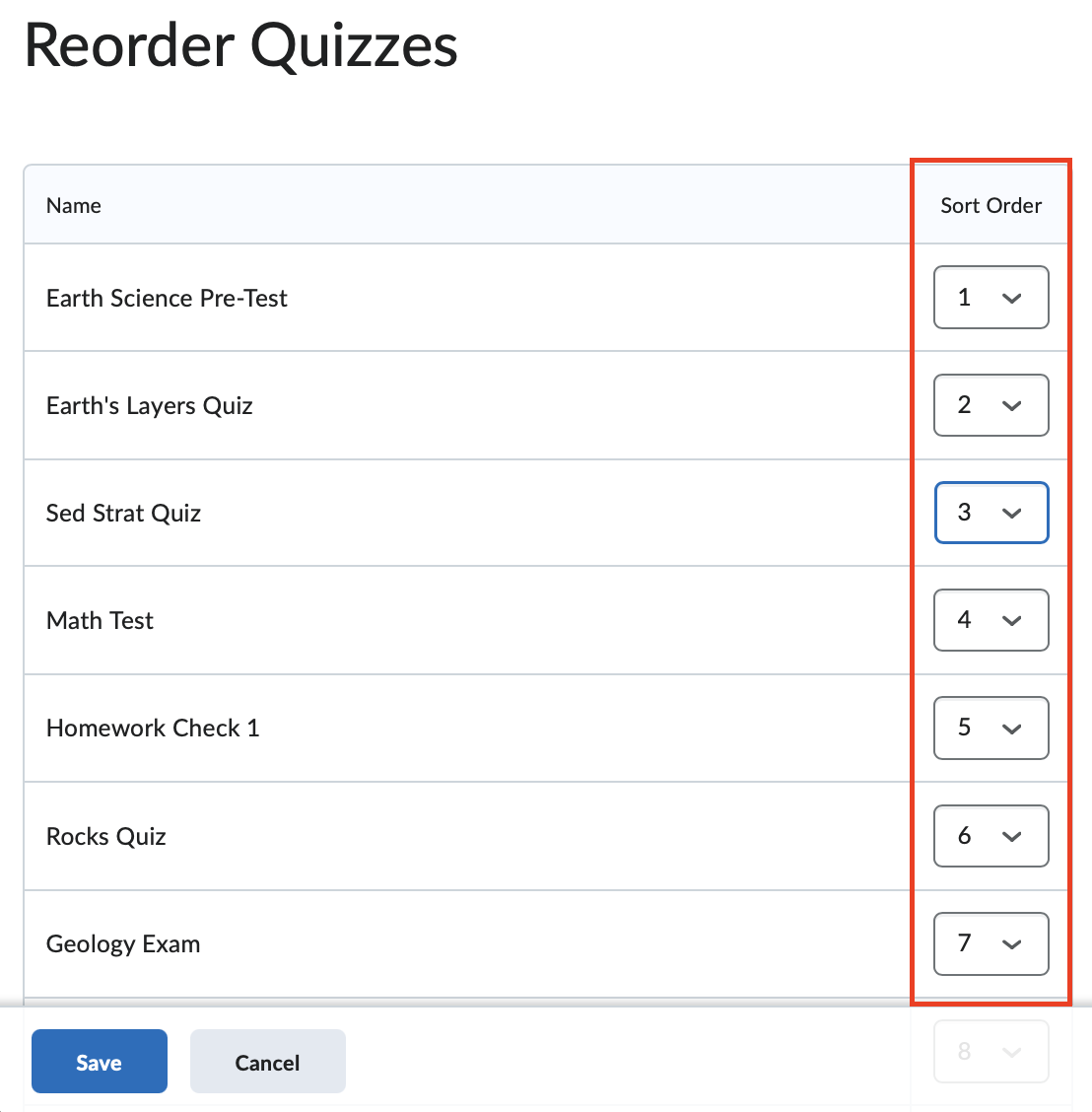 The sort order page with the number order highlighted