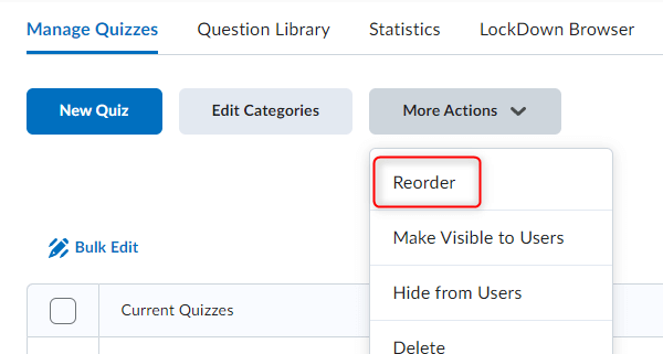 Image of the more actions button on the manage quizzes screen with reorder selected.