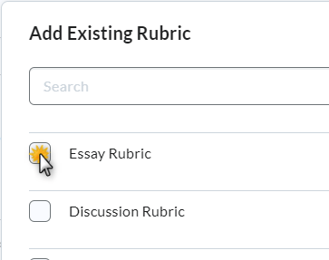 image of the select a rubric pop up window. Contains a table with the rubrics listed.