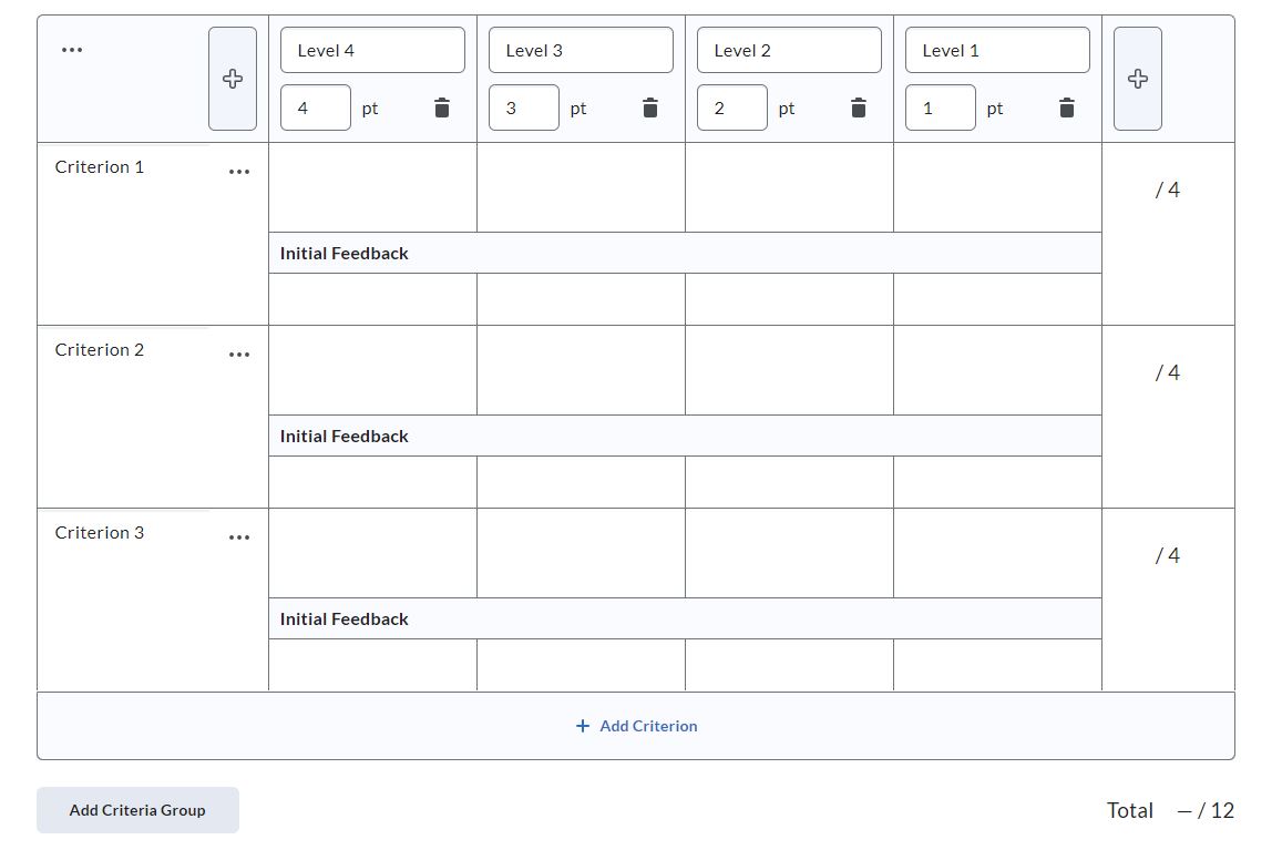 D2L rubric creation tool showing criteria and grading levels