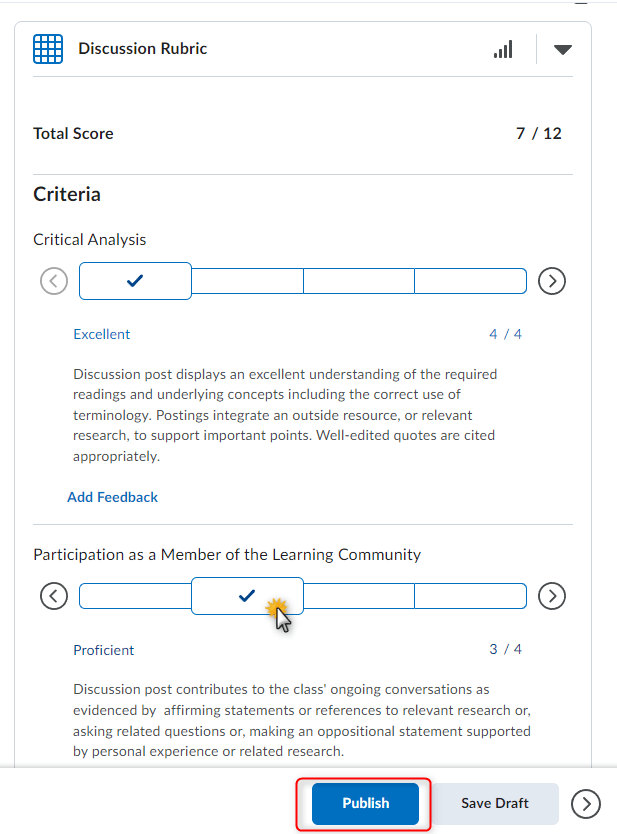 image of the expanded rubric for graded. select the appopriate level and click on publish.