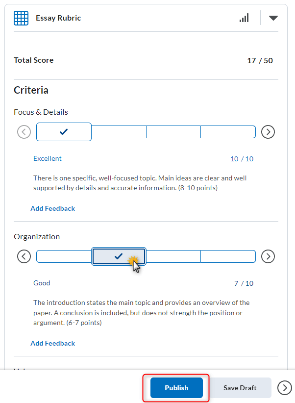 image of example rubric with criteria selected and the publish button outlined.