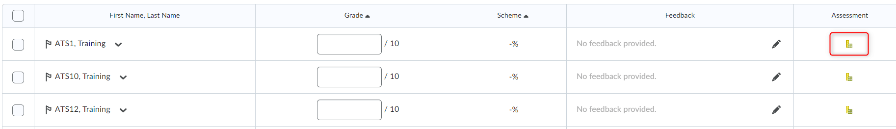 image of a student's row within a grade item. includes a table with the following headings: first name/last name, grade, weighted grade, scheme, feedback, and assessment(selected).