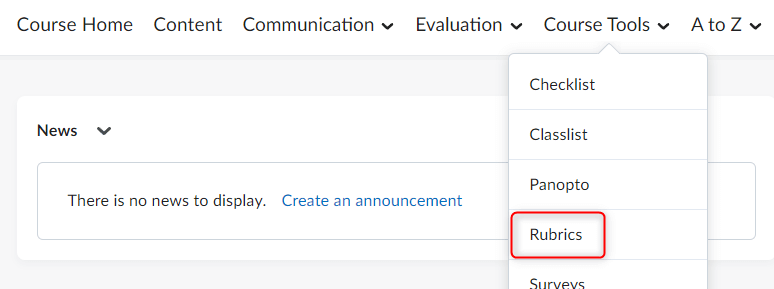 image of the default course navigation menu with the course tools submenu expanded and rubrics tool selected.