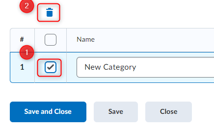 Image of the edit categories page with a category selected and the trashcan icon highlighted