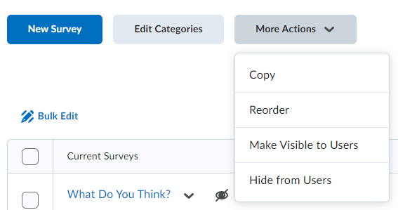 Image of the more actions button on the manage surveys screen with reorder selected.