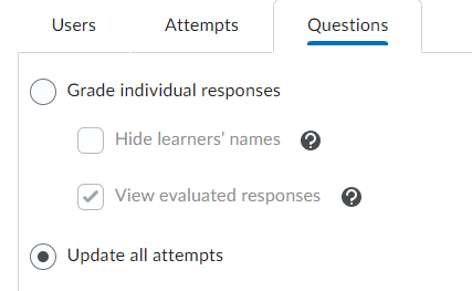 Image of the Grade Quiz - Questions tab with the Update All Attempts radio button selected