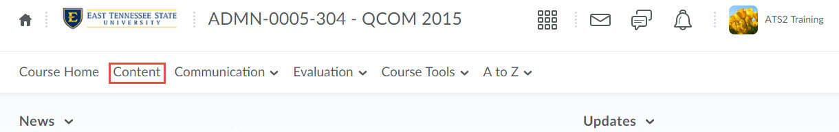 image of the course default navigation bar with the content tool highlighted