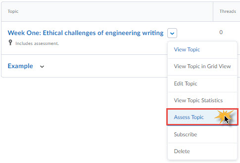 Image of the topic context menu (view topic, edit topic, view topic statistics, assess topic, unsubscribe, and delete) 