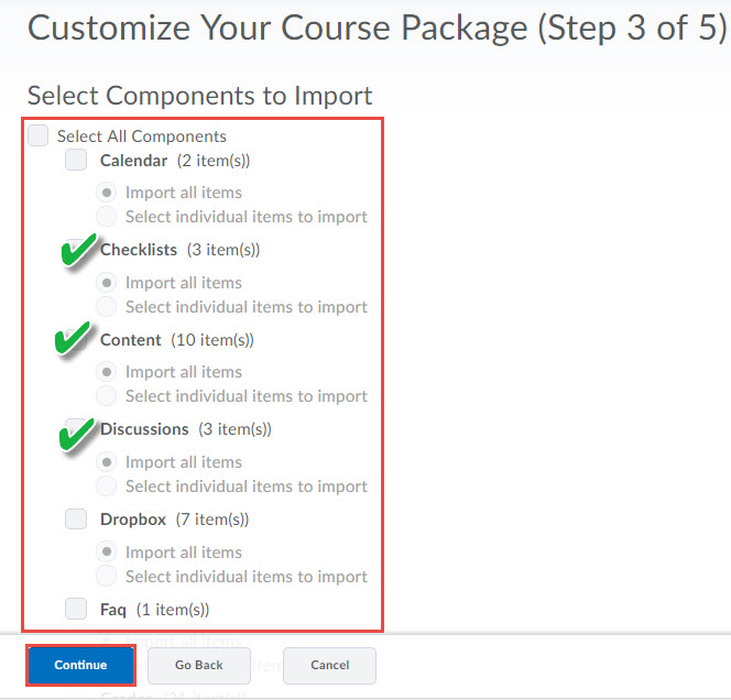 Image of the Select components to import screen