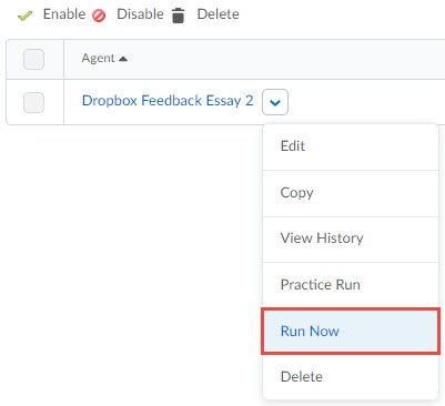 image of the Intelligent Agent context menu (run now, edit agent delete) with Run now selected.