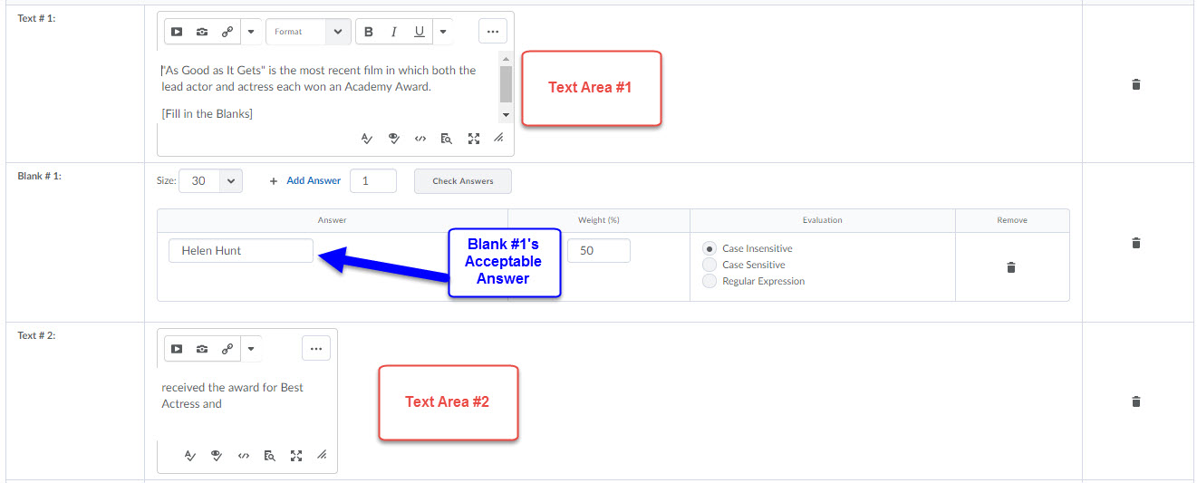 Image of an example setup of an FIB question with the format TEXT|BLANK|TEXT where the blank would accept three different iterations of the same answer.