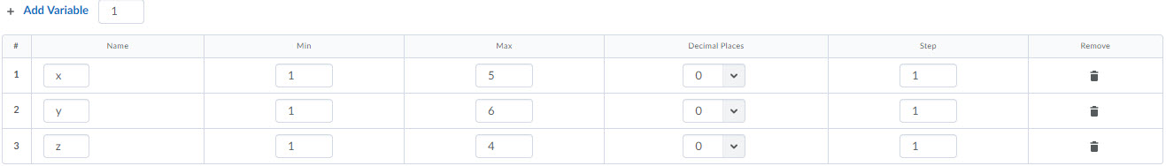 Image of the Arithmetic Variables table that includes the name, min, max, decimal places, step, and remove options