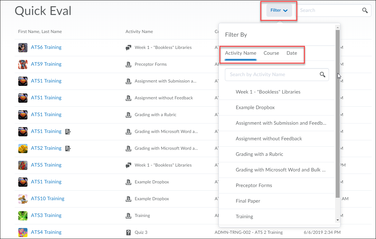 Filtering options 