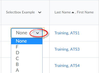 image of a Selectbox grade item open for grading with the grade column and feedback icons highlighted.