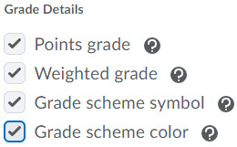 Image of the grade details setting options (points grade, weighted grade, scheme symbol and color.)