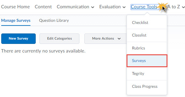 Image of the default course navigation bar with the Evaluation link group expanded and the Assessments tool highlighted