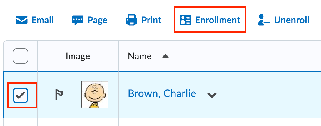 image of the classlist with the checkbox selected for the student and the enrollment button highlighted