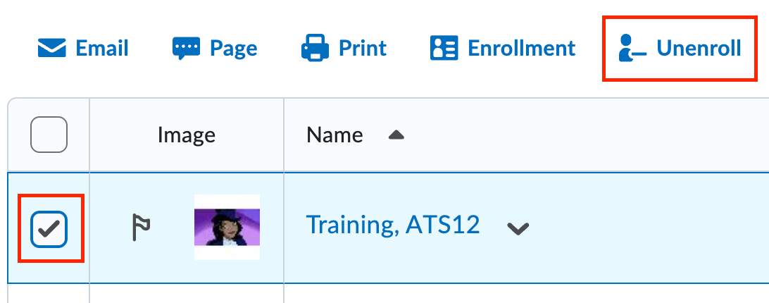 image of the classlist with the checkbox selected for the student and the unenroll button highlighted