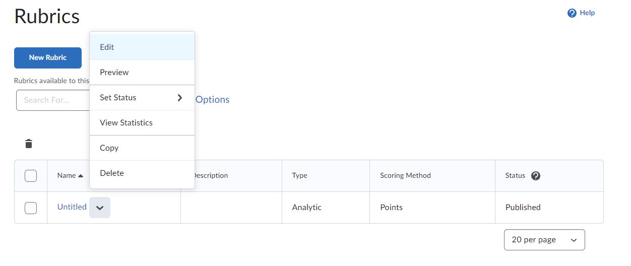 Image of the Context Menu of a Rubric expanded and the Edit Properties function circled. 