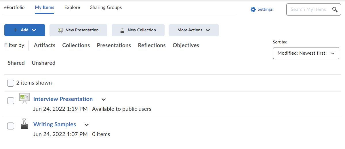 Image of the ePortfolio My Items tab. 