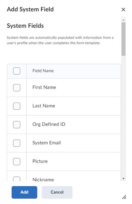 Image of the System Field page. 