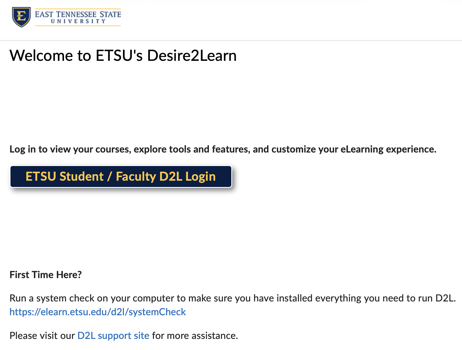 The main d2l login page