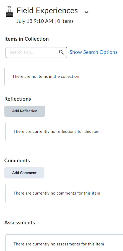 image of the new collection page where you can add reflections, comments, and assessments