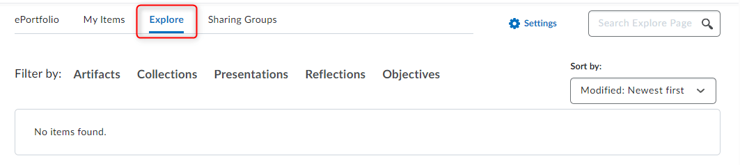 Image of the ePortfolio Explore tab. 