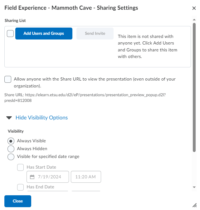 image of the share settings pop-up menu to add specific share settings for groups and individuals in eportfolio