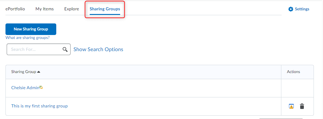 Image of the ePortfolio Sharing Groups tab. 