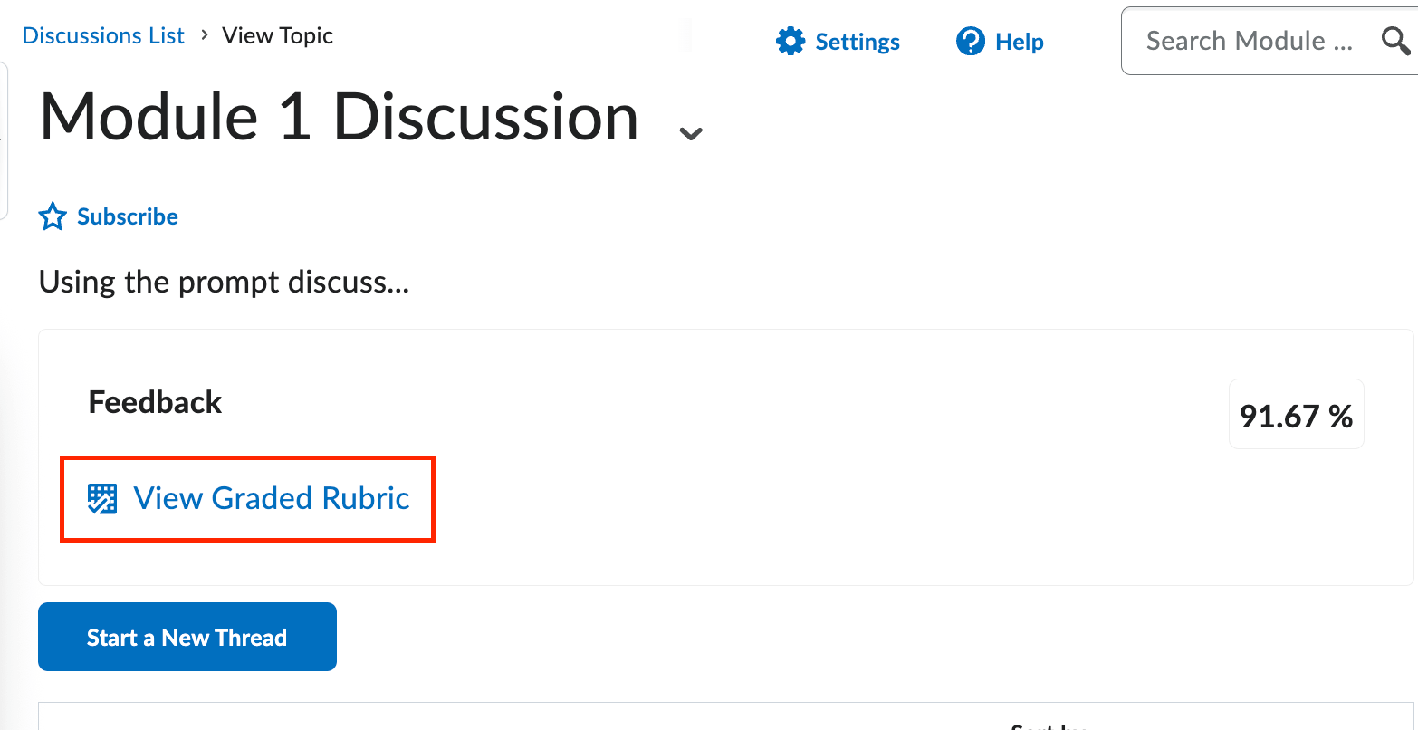 The discussion topic displayed with the rubric highlighted