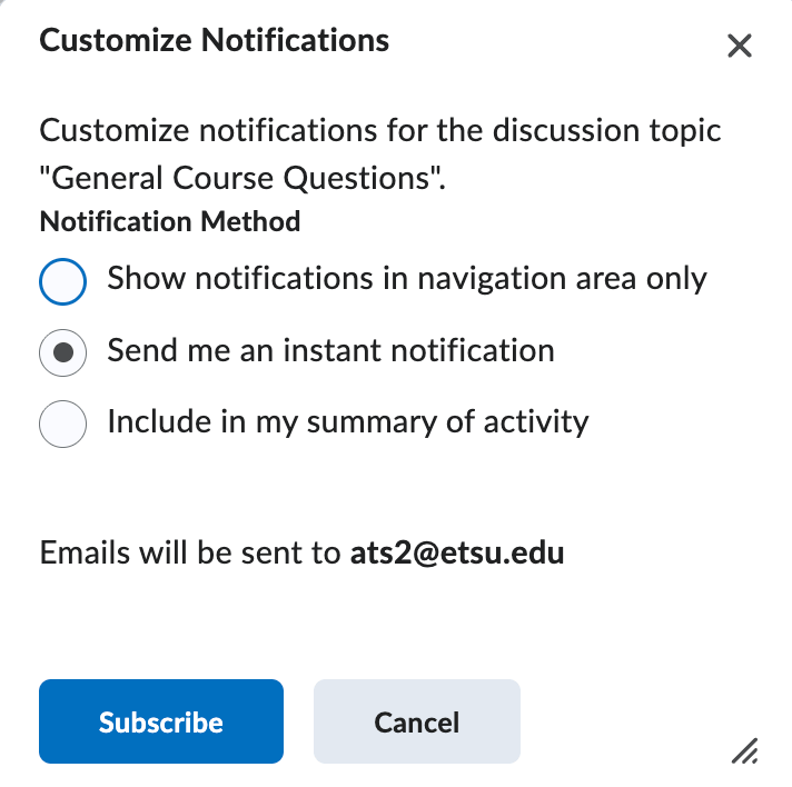 Discussion Board notification Settings window