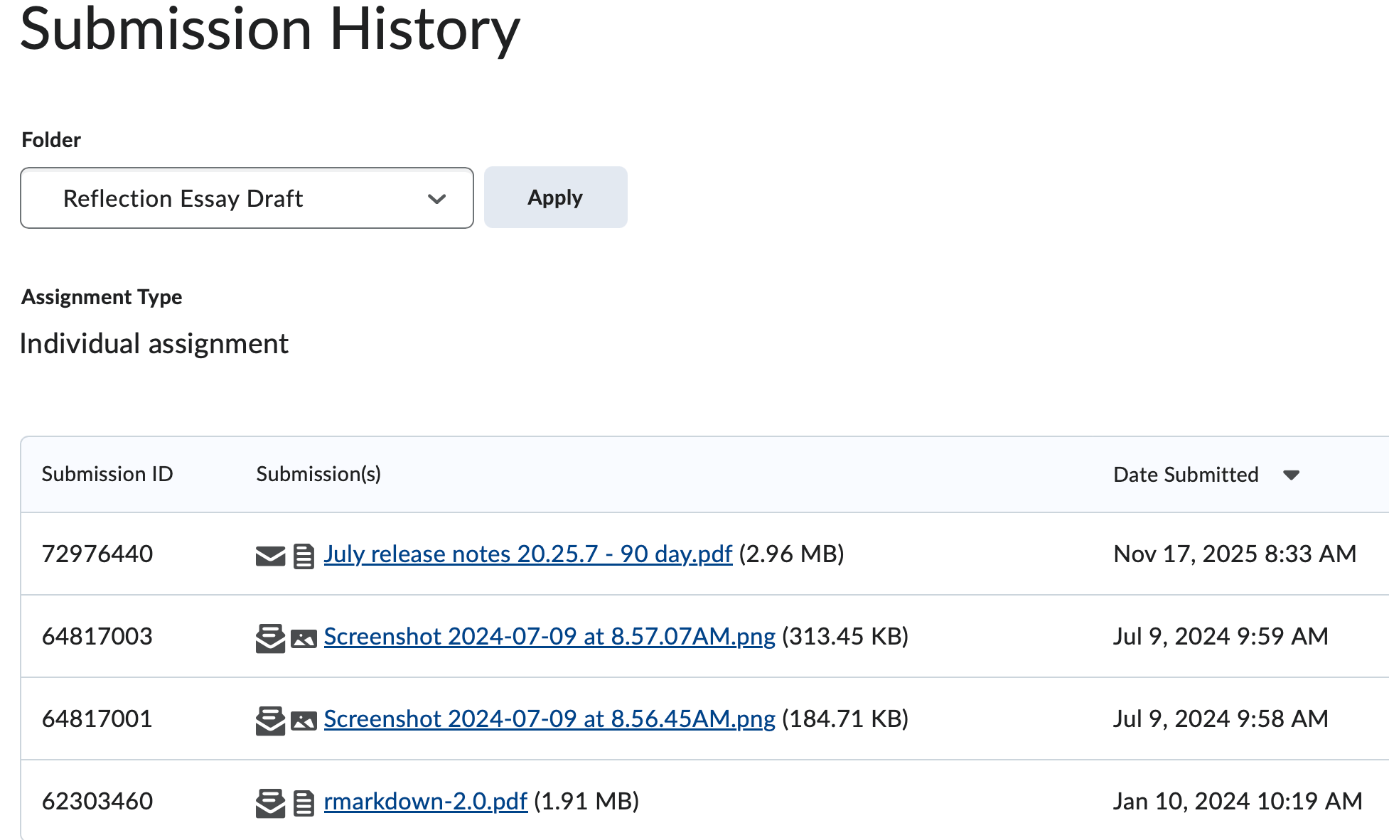 The dropbox submission history page